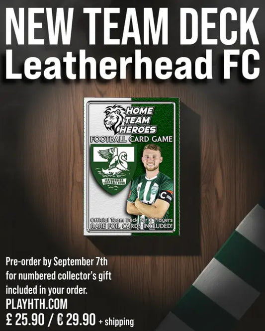 Leatherhead FC Team Deck card game on wooden surface - official Home Team Heroes football card game featuring Leatherhead FC captain and club crest