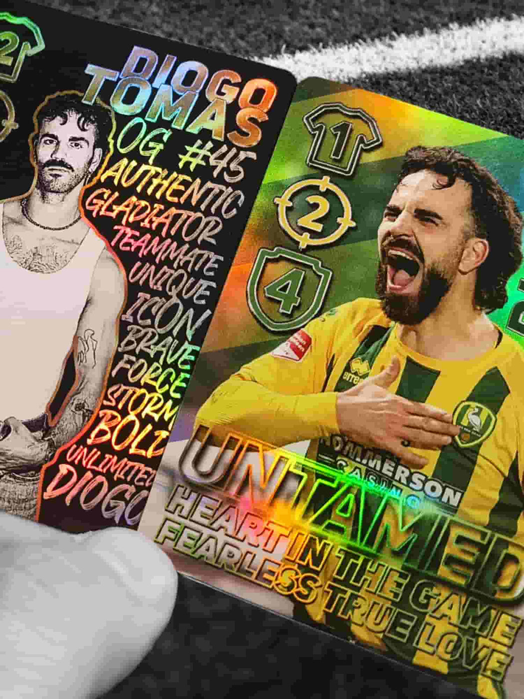 Limited edition holographic football collectible cards showing player Diogo Tomas with authentic photo and tactical game statistics
