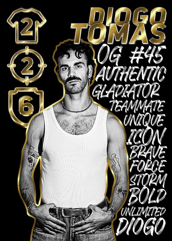 A stylised 'Icon' edition trading card featuring Diogo Tomas in a white vest with 'Gladiator' typography, designed for collectors seeking unique football art.