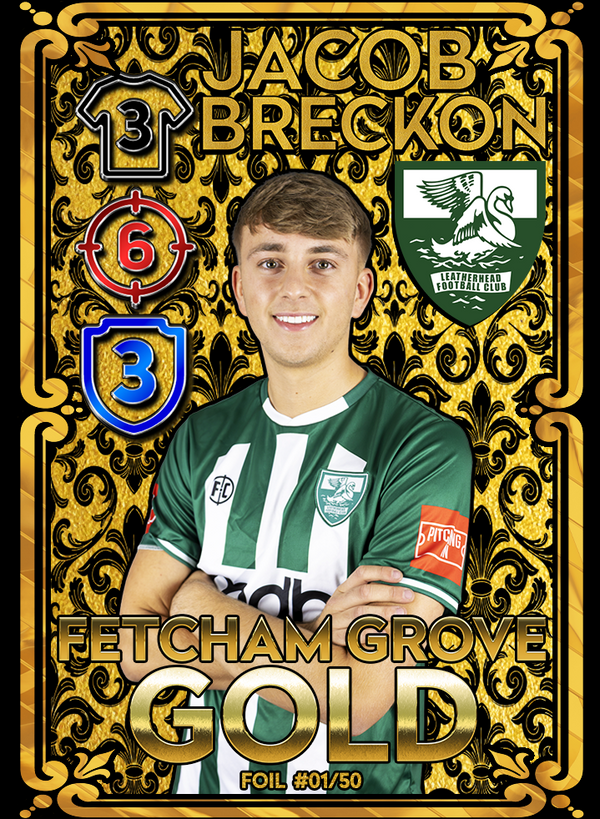 A rare 'Fetcham Grove Gold' limited-edition foil football card featuring Leatherhead FC player Jacob Breckon, numbered 1/50 with a premium gold foil finish.