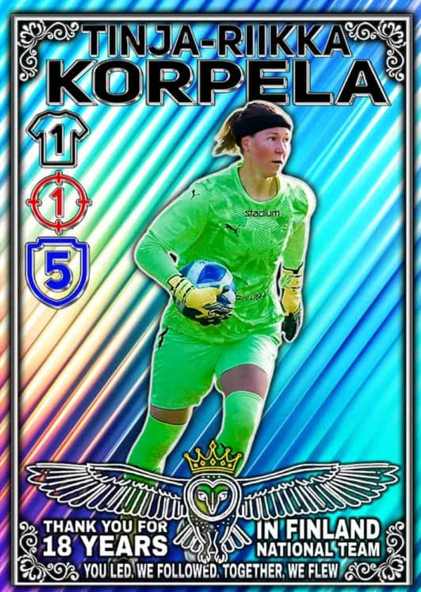 A stunning tribute trading card honouring Tinja-Riikka Korpela's 18 years in the Finland National Team 'helmarit', featuring stylised owl artwork and a 'Thank You' dedication. An honour for women's football legend. 