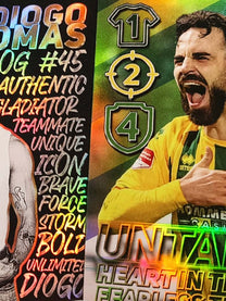 Limited edition holographic football collectible cards showing player Diogo Tomas with authentic photo