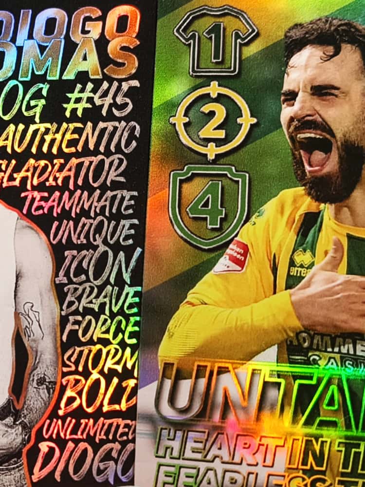 Limited edition holographic football collectible cards showing player Diogo Tomas with authentic photo