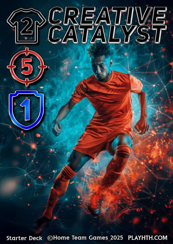 The 'Creative Catalyst' player card showing a dynamic midfielder in an orange kit, representing a playmaking strategy to control the flow of the game.