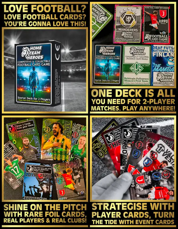 Home Team Heroes football trading card game promotional collage showing starter deck box, sample player cards, strategy gameplay with real clubs and players, hand holding multiple team cards, text overlays stating: Love Football Cards, One Deck is All You Need for 2-Player Matches, Shine on the Pitch, and Strategise with Event Cards.