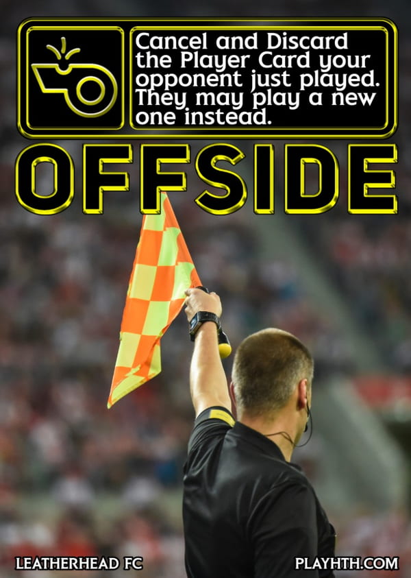 An 'Offside' action card featuring a linesman raising a flag, a strategic card used to cancel and discard an opponent's player during the match.