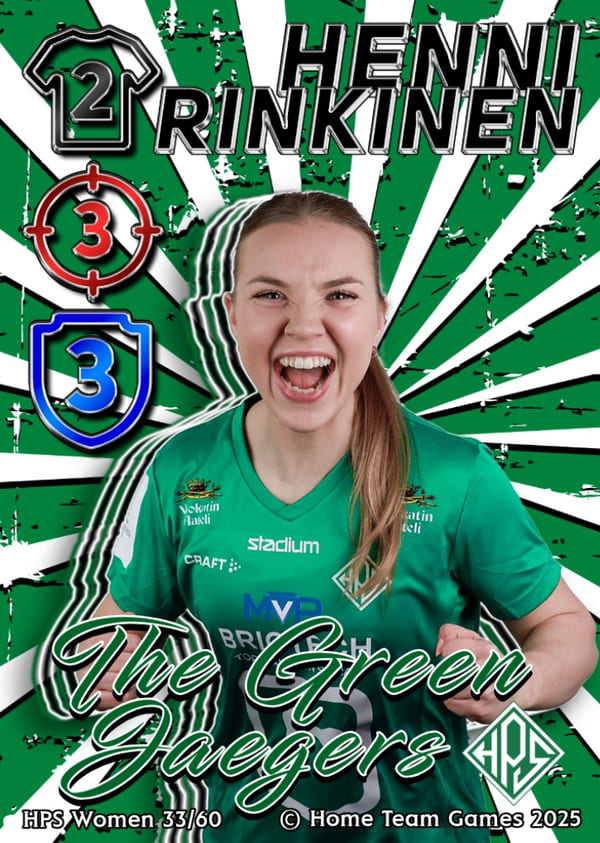 An excited HPS player, Henni Rinkinen, shouting with joy on a Green Jaegers edition football card, showcasing the high energy of grassroots women's football.