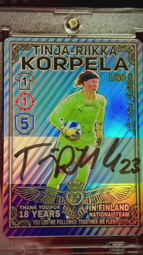 Close-up video of limited edition 1/50 Tinja-Riikka Korpela autographed foil cards from Home Team Heroes. The clip showcases the holographic shine of the cards, authentic hand-signed autographs dated 2023, and the 'Don't Break The Game' human rights edition.