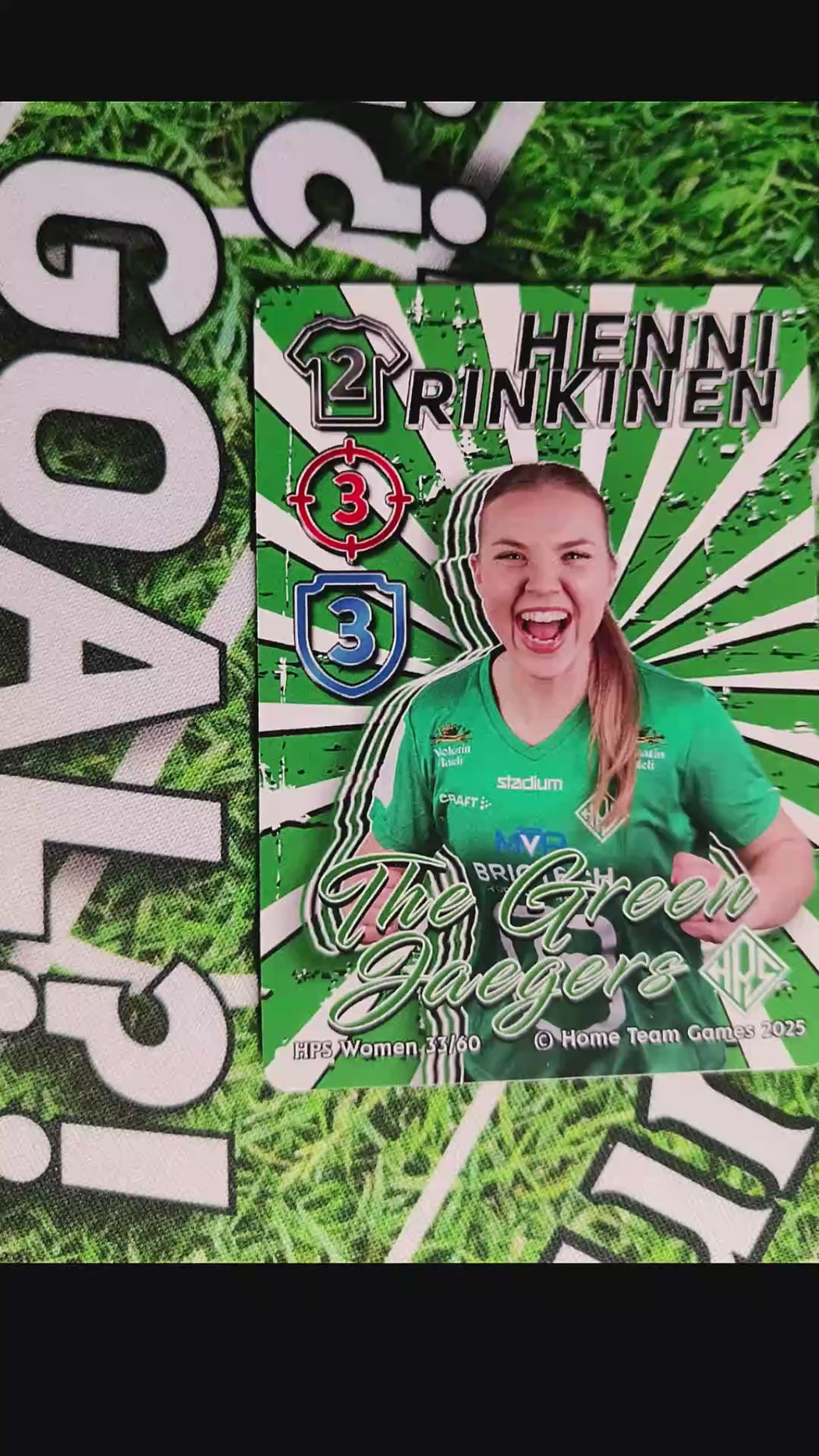 A high-energy cinematic reveal video of the official HPS Helsinki Women's Team Deck for Home Team Heroes. The footage showcases the 'Green Jaegers' squad in Kansallinen Liiga action, transitioning to close-ups of their personalised custom football trading cards.