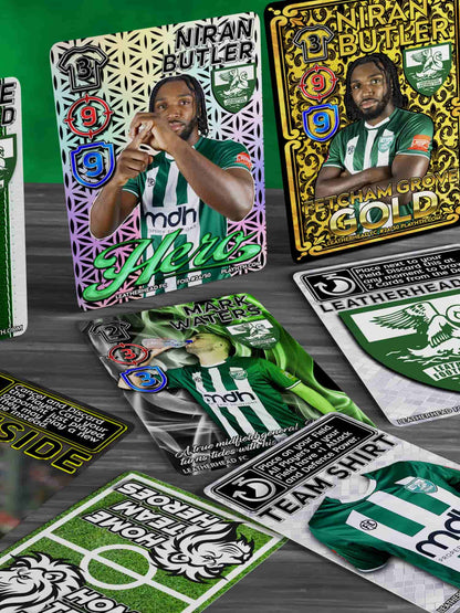 Rare numbered foil football cards including silver and gold spotfoil variants with Leatherhead FC players and team shirt cards