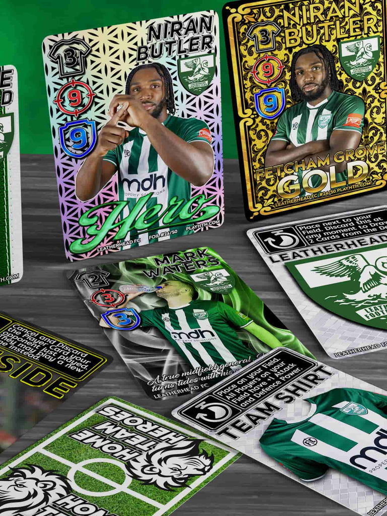 Rare numbered foil football cards including silver and gold spotfoil variants with Leatherhead FC players and team shirt cards