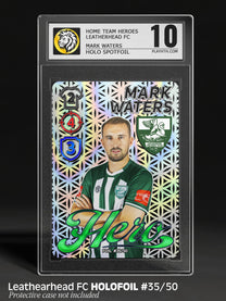 Rare numbered holofoil football card #35/50 featuring Leatherhead FC player Mark Waters with holographic spotfoil background in protective case