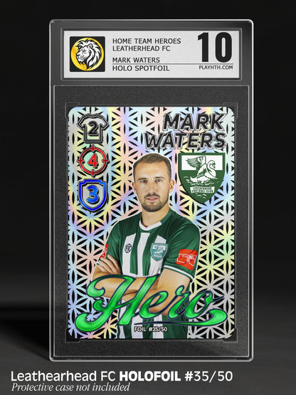 Rare numbered holofoil football card #35/50 featuring Leatherhead FC player Mark Waters with holographic spotfoil background in protective case