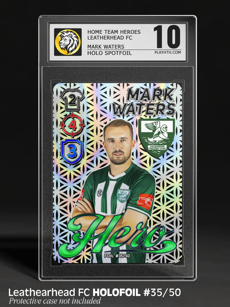 Rare numbered holofoil football card #35/50 featuring Leatherhead FC player Mark Waters with holographic spotfoil background in protective case