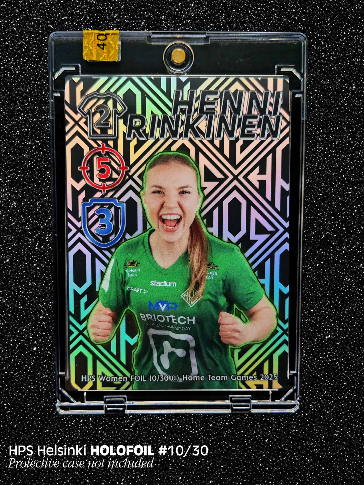 Rare holofoil football card numbered 10/30 featuring women's player Henni Rinkinen in authentic HPS Helsinki kit with holographic background