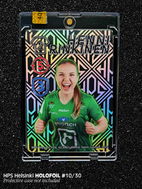 Rare holofoil football card numbered 10/30 featuring women's player Henni Rinkinen in authentic HPS Helsinki kit with holographic background