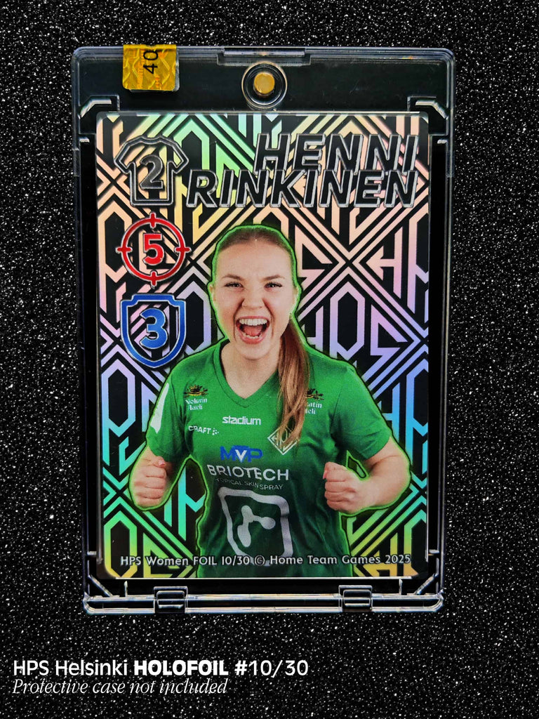 Rare holofoil football card numbered 10/30 featuring women's player Henni Rinkinen in authentic HPS Helsinki kit with holographic background