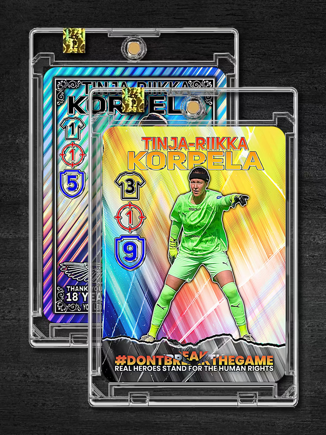 A rare yellow limited edition autographed football card of Tinja-Riikka Korpela, featuring the #DontBreakTheGame campaign slogan standing for human rights in sport.