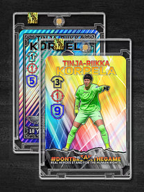 A rare yellow limited edition autographed football card of Tinja-Riikka Korpela, featuring the #DontBreakTheGame campaign slogan standing for human rights in sport.