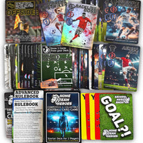 Home Team Heroes Starter Deck contents laid flat on a white background: rulebook and advanced rulebook, a shared play deck of football-themed cards, two rare foil player cards (Supreme Striker, Backline Boss), action and skill cards (Deceptive Dribbler, Aerial Ace, Offside, Coach’s Instructions), plus the Goal Card and yellow/red booking cards.