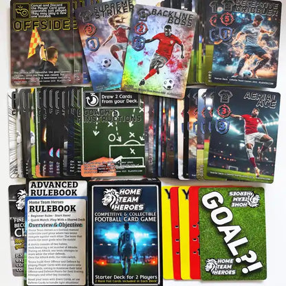 Home Team Heroes Starter Deck contents laid flat on a white background: rulebook and advanced rulebook, a shared play deck of football-themed cards, two rare foil player cards (Supreme Striker, Backline Boss), action and skill cards (Deceptive Dribbler, Aerial Ace, Offside, Coach’s Instructions), plus the Goal Card and yellow/red booking cards.
