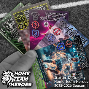 Hand holding Home Team Heroes Starter Deck football trading cards. Collectible football card game, Season 1 2025–2026.