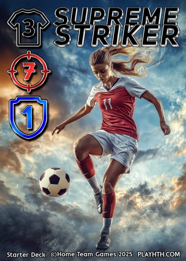 A dynamic 'Supreme Striker' card featuring a female player executing a powerful volley, showcasing high attacking attributes for scoring goals.