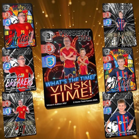 All 7 Vinski Time! cards shown in full set layout, featuring Pikku Vinsent, Kakka Vinsent, and their special Duo cards.