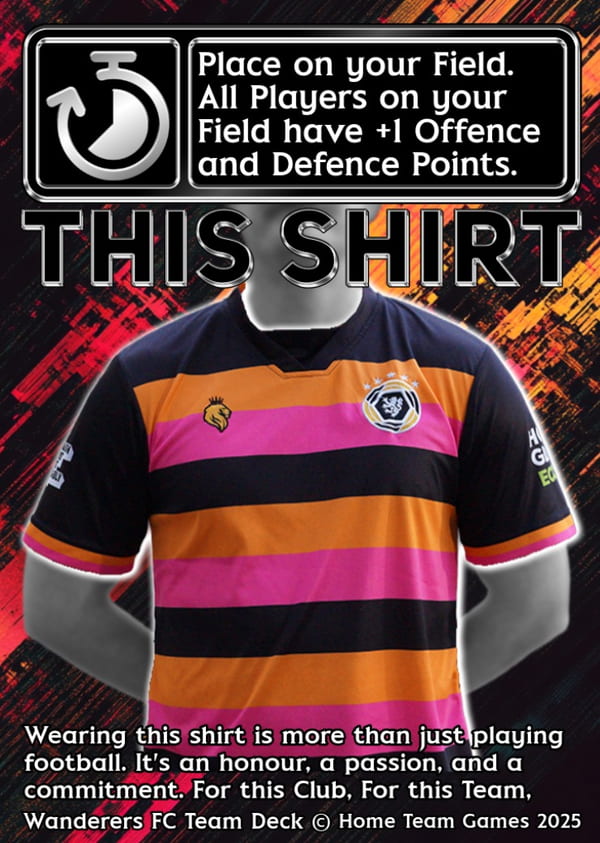 A 'This Shirt' equipment card displaying the vibrant orange, black, and pink Wanderers FC jersey, providing stat boosts to the squad in the Home Team Heroes game.