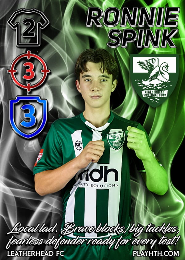 Leatherhead FC defender Ronnie Spink clutching his badge on a custom card, captioned 'Local lad' to highlight personalised stats for fearless tackling and defence.