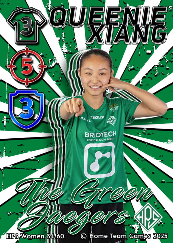 HPS player Queenie Xiang posing playfully on a custom Home Team Heroes card, highlighting unique football gifts for youth players and teammates.